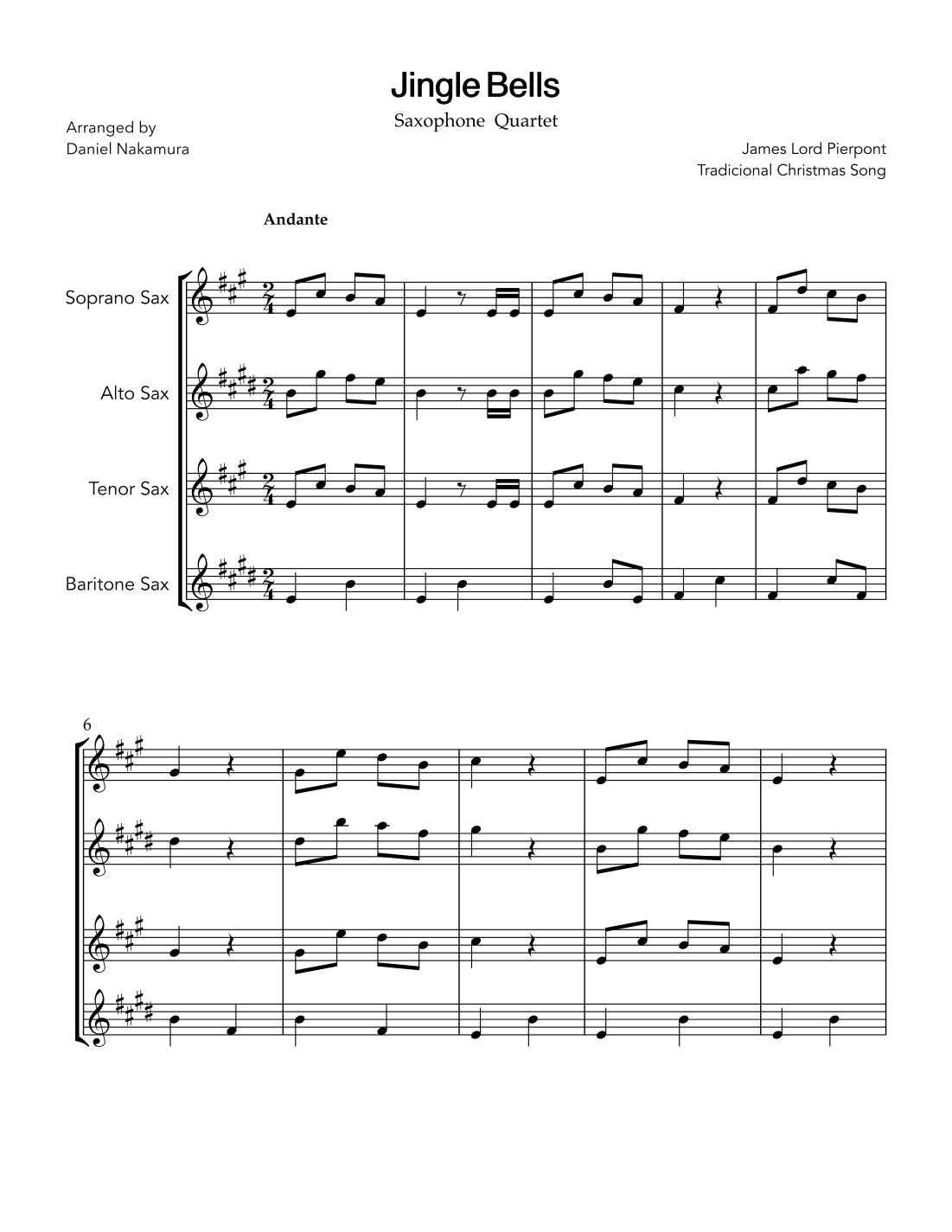 Jingle Bells (for saxophone quartet) (arr. Daniel Nakamura) Sheet Music