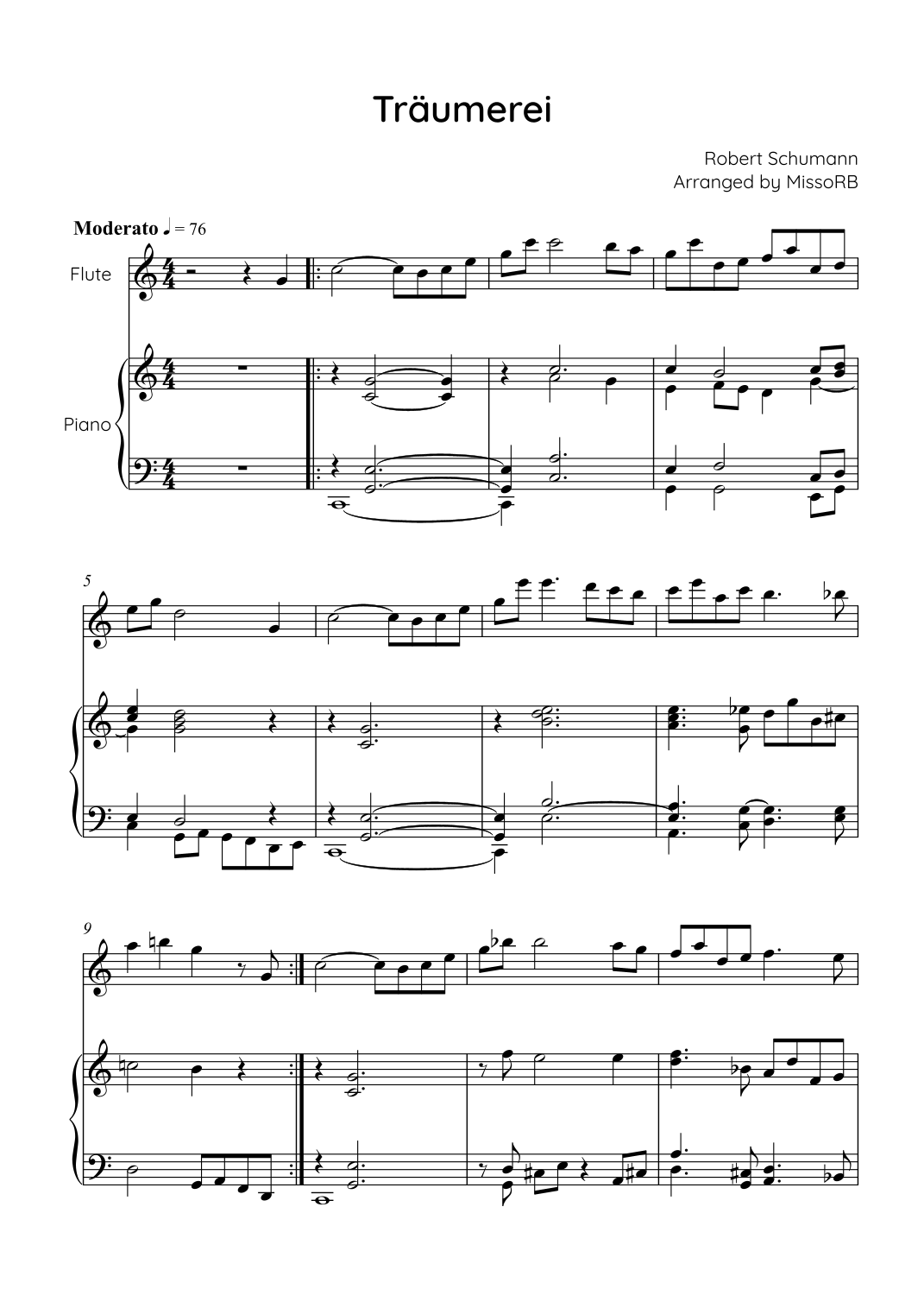 Träumerei - Flute & Piano in C - Easy/Intermediate (arr. MissoRB) by ...