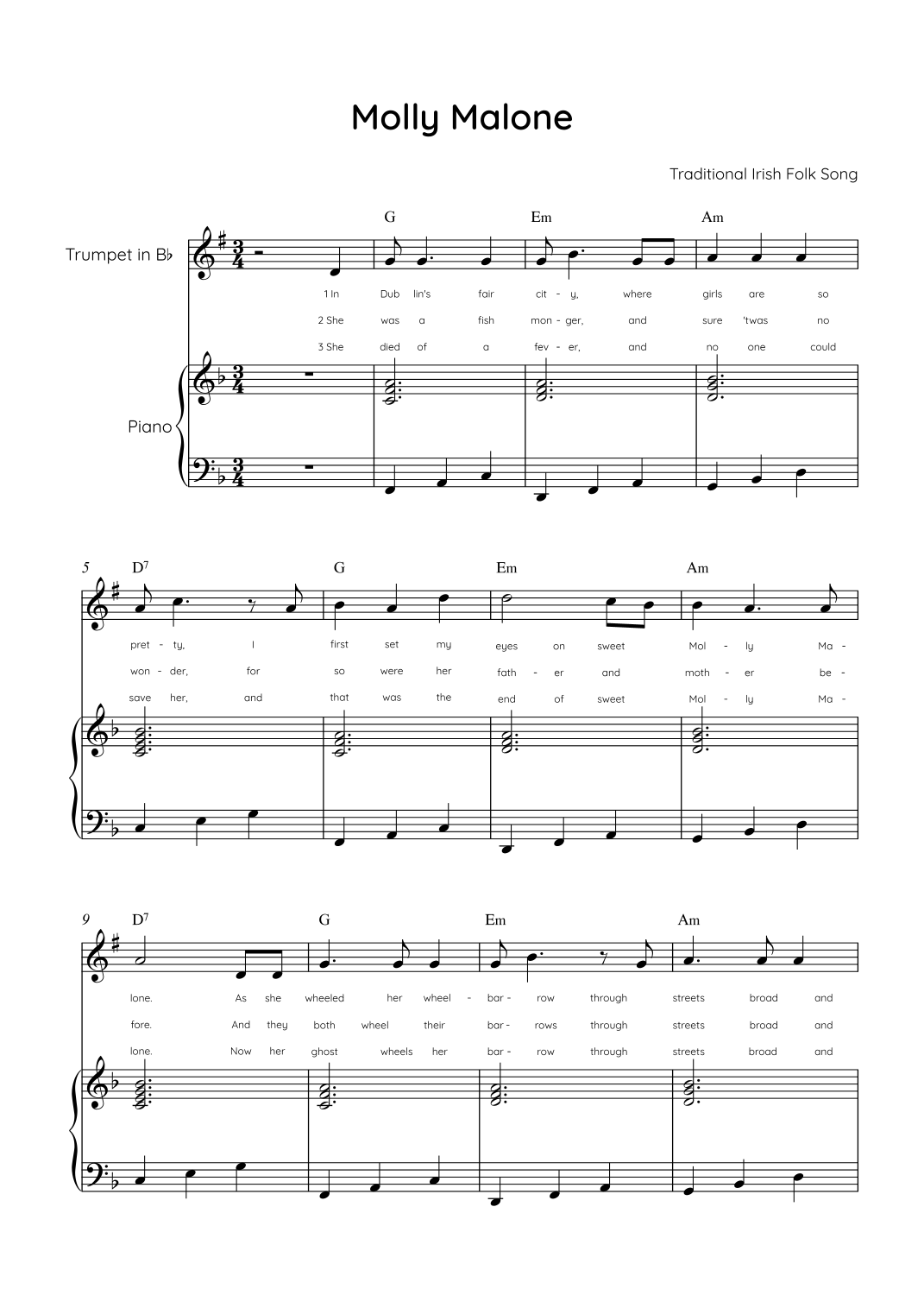Molly Malone - Trumpet & Piano in F With Chords & Lyric - Easy (arr ...
