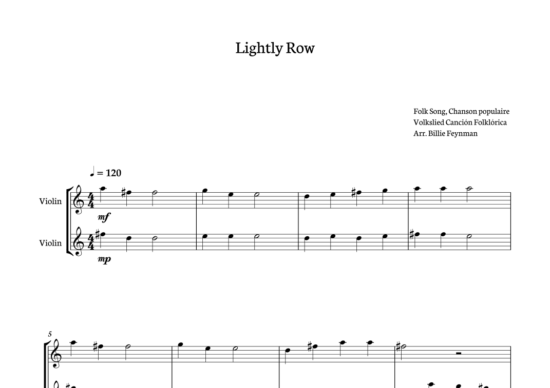 Lightly Row for Duo - Violins (arr. Billie Feynman) by Tradicional ...