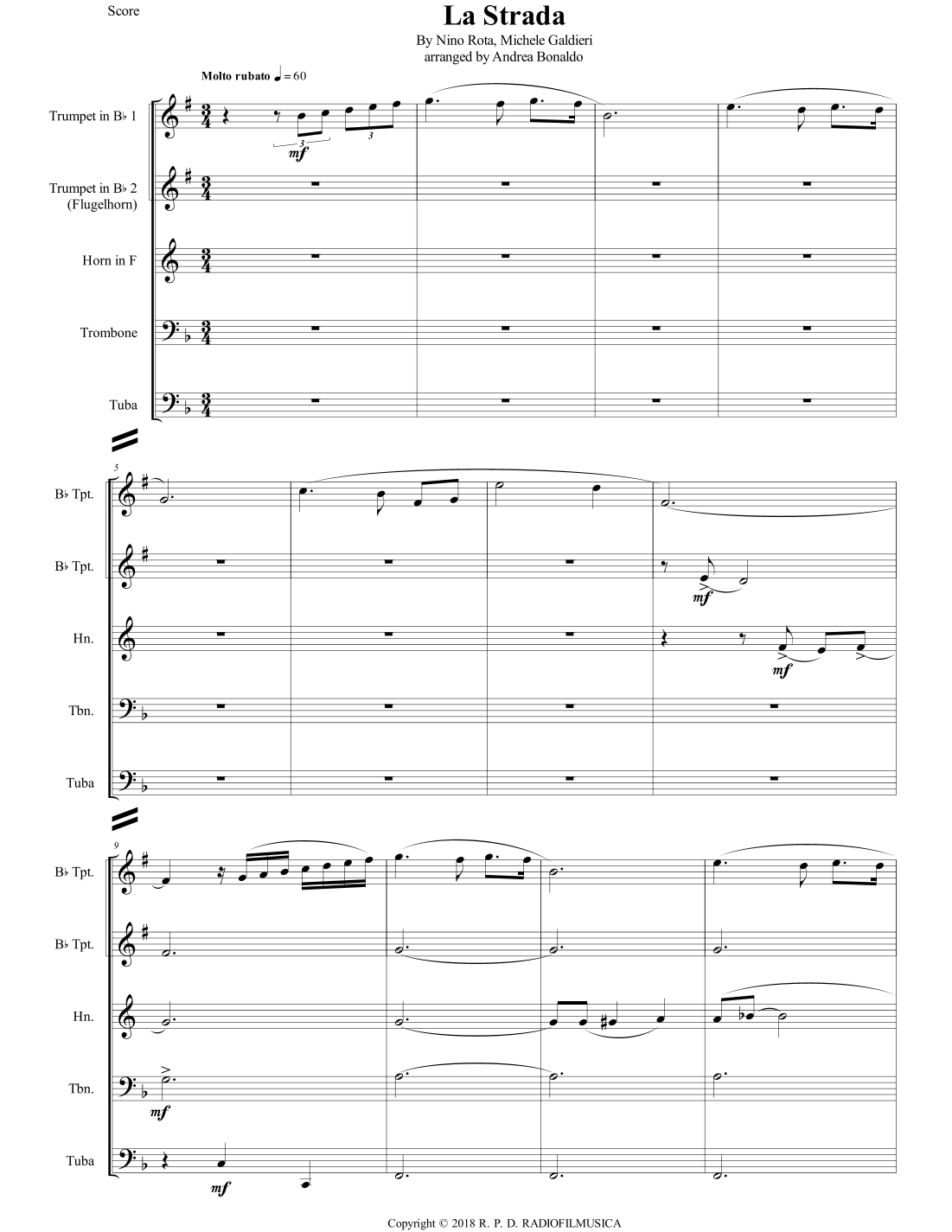 Aperçu interactif Partitions numériques> de 'La Strada Love Theme (galdieri/ (arr. Andrea Bonaldo)' par The City Of Prague Philharmonic / Wadswo, Ensemble de Cuivres page 1