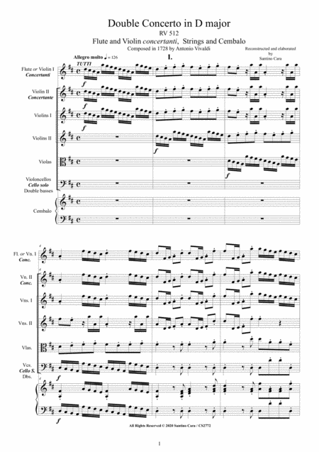 Interaktive Digitale Noten-Vorschau von 'Vivaldi - Double Concerto in D major RV 512 for Flute, Violin, Strings and Cembalo (arr. Santino Cara)' von Vivaldi Antonio, Kammermusik page 1