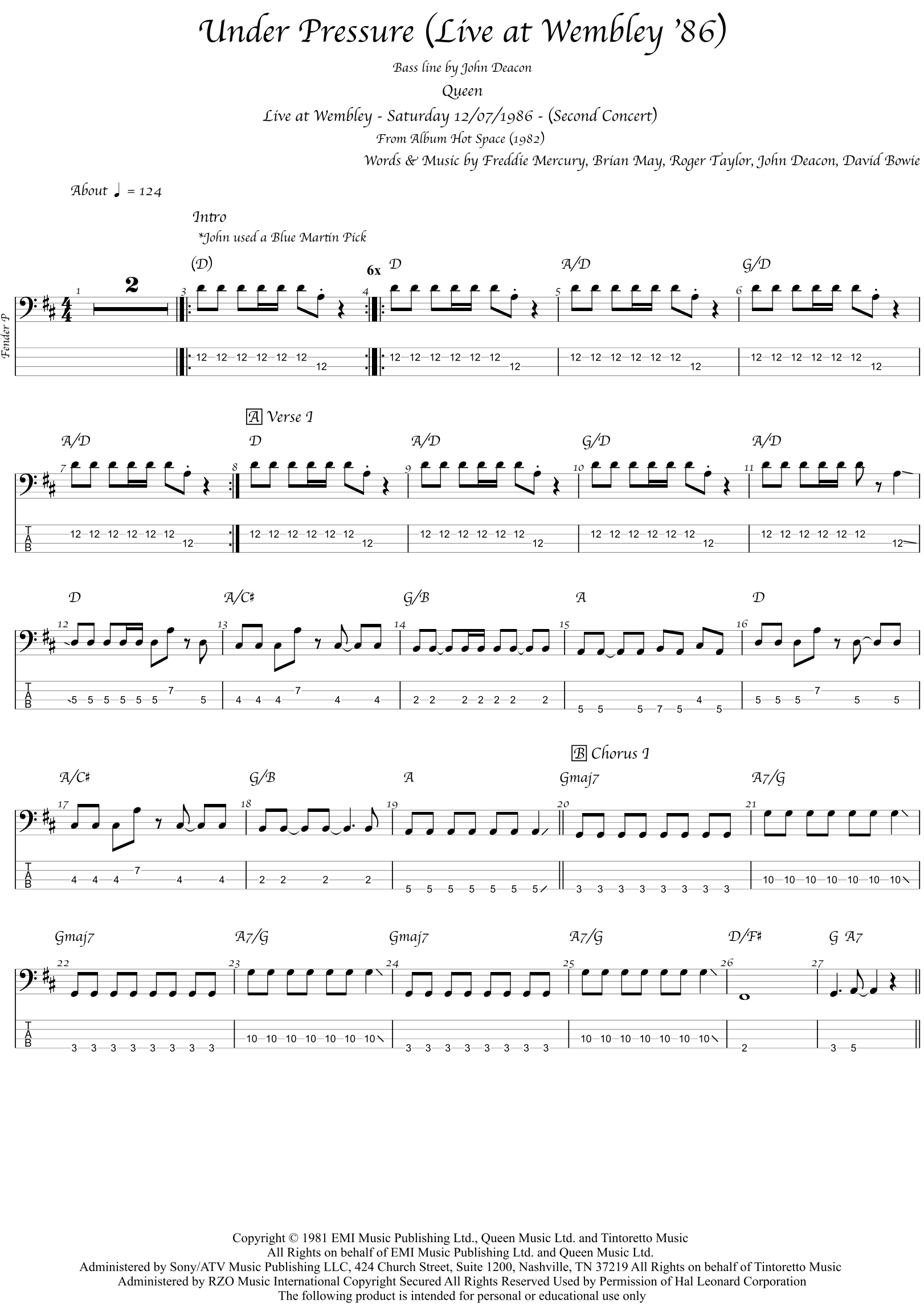 Under Pressure (arr. Igor Sardi Bass) Sheet Music David Bowie Bass