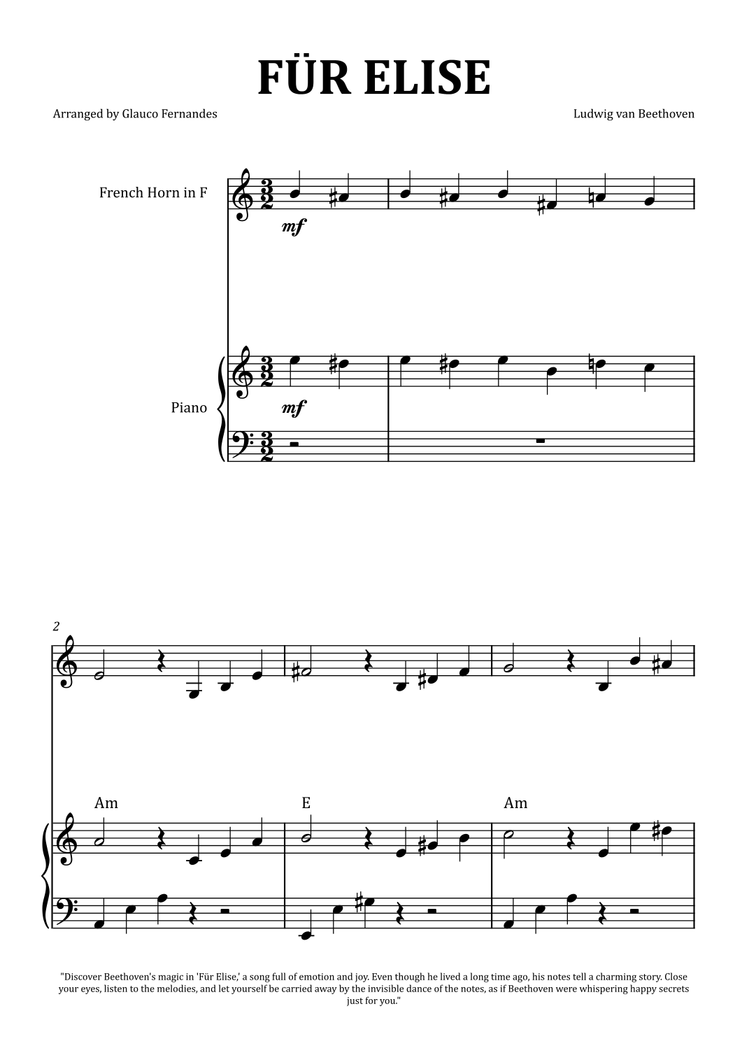 Für Elise by Beethoven French Horn and Piano with Chord Notation (arr. Glauco Fernandes) by