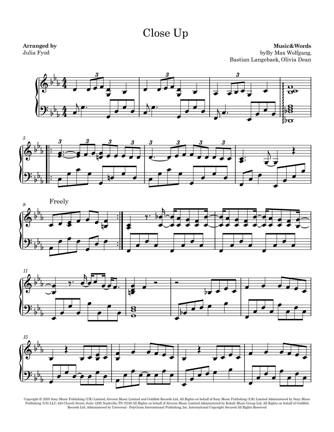 Close Up (arr. Julia Fyod) by Olivia Dean Sheet Music for Piano Solo at ...