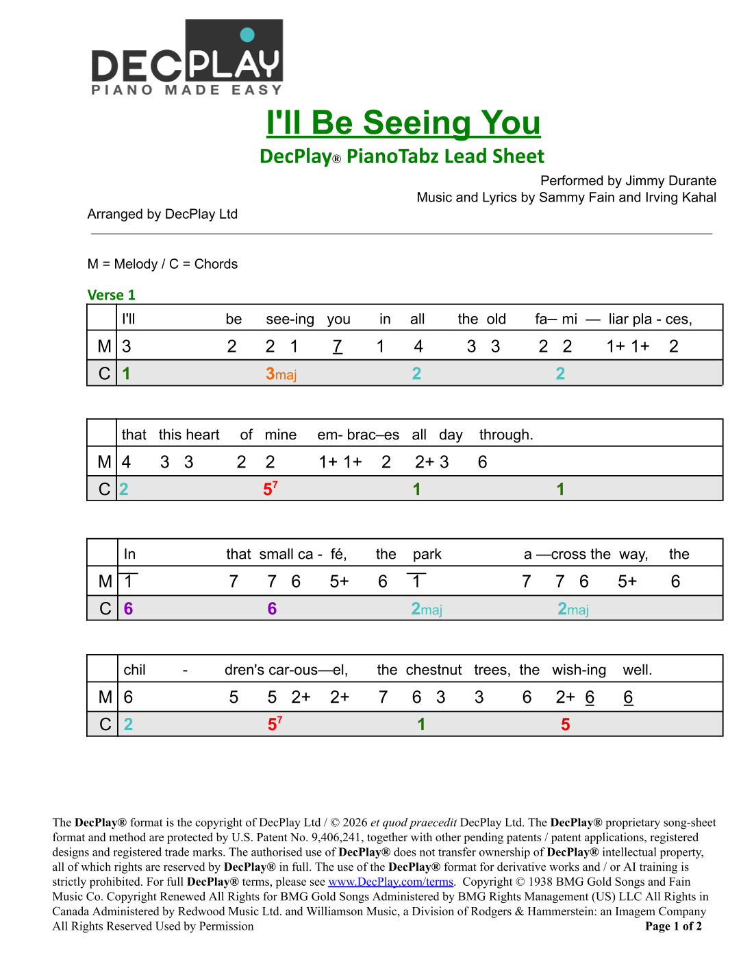 I'll Be Seeing You by Etta James Sheet Music for DecPlay Piano (arr ...