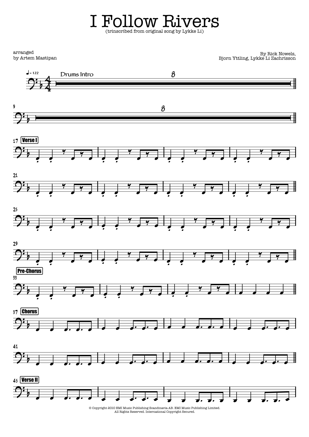 I FOLLOW RIVERS (ARR. ARTEM MASTIPAN) POR LYKKE LI PARTITURAS PARA BASS ...