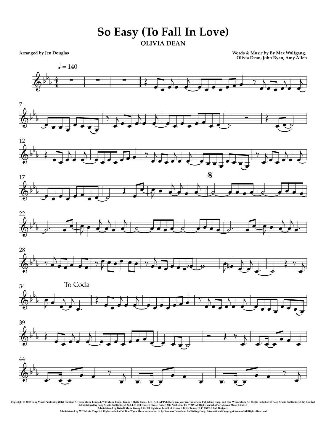Partition Fall So Easy (To Fall In Love) (arr. Jen Douglas par Olivia Dean Partitions ...