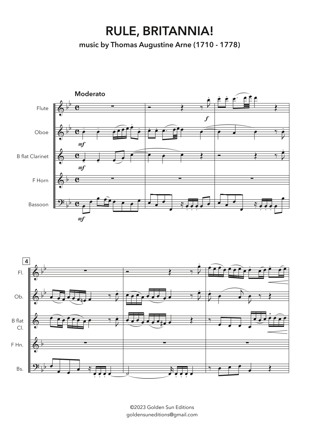 Rule, Britannia! Sheet Music T. A. Arne Woodwind Ensemble