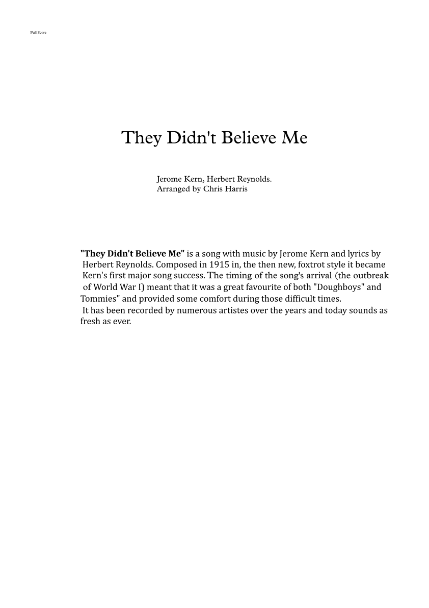 They Didn't Believe Me Sheet Music | Jerome Kern, Herbert Reynolds