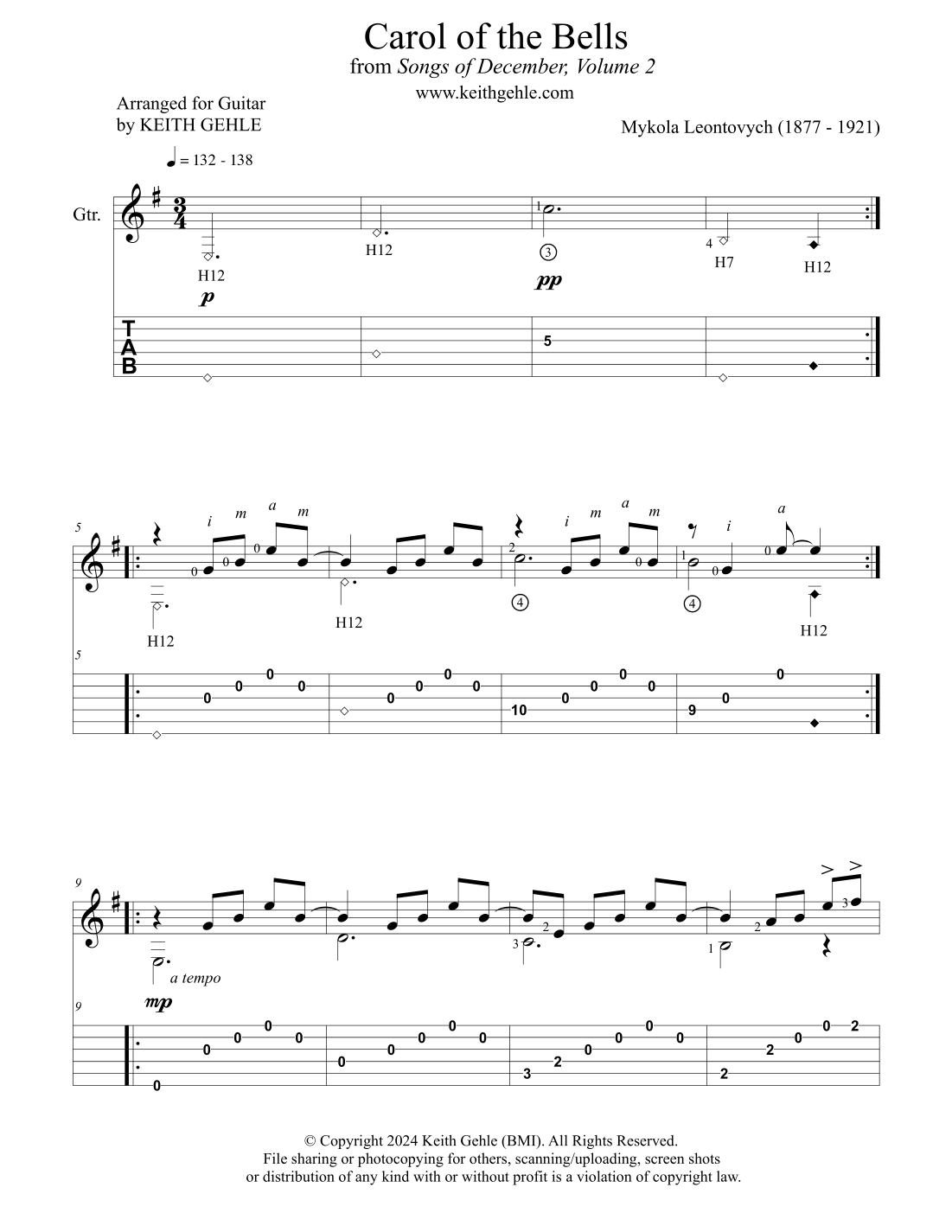 Carol of the Bells for solo classical fingerstyle guitar (+TAB) (arr ...