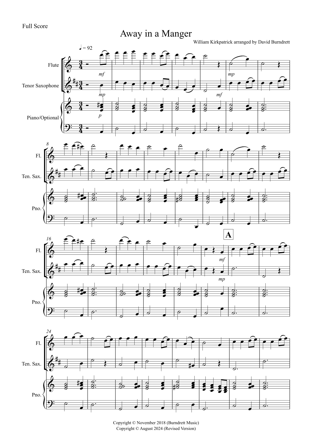 Away in a Manger for Flute and Tenor Saxophone Duet (arr. David Burndrett) Digital Sheet Music