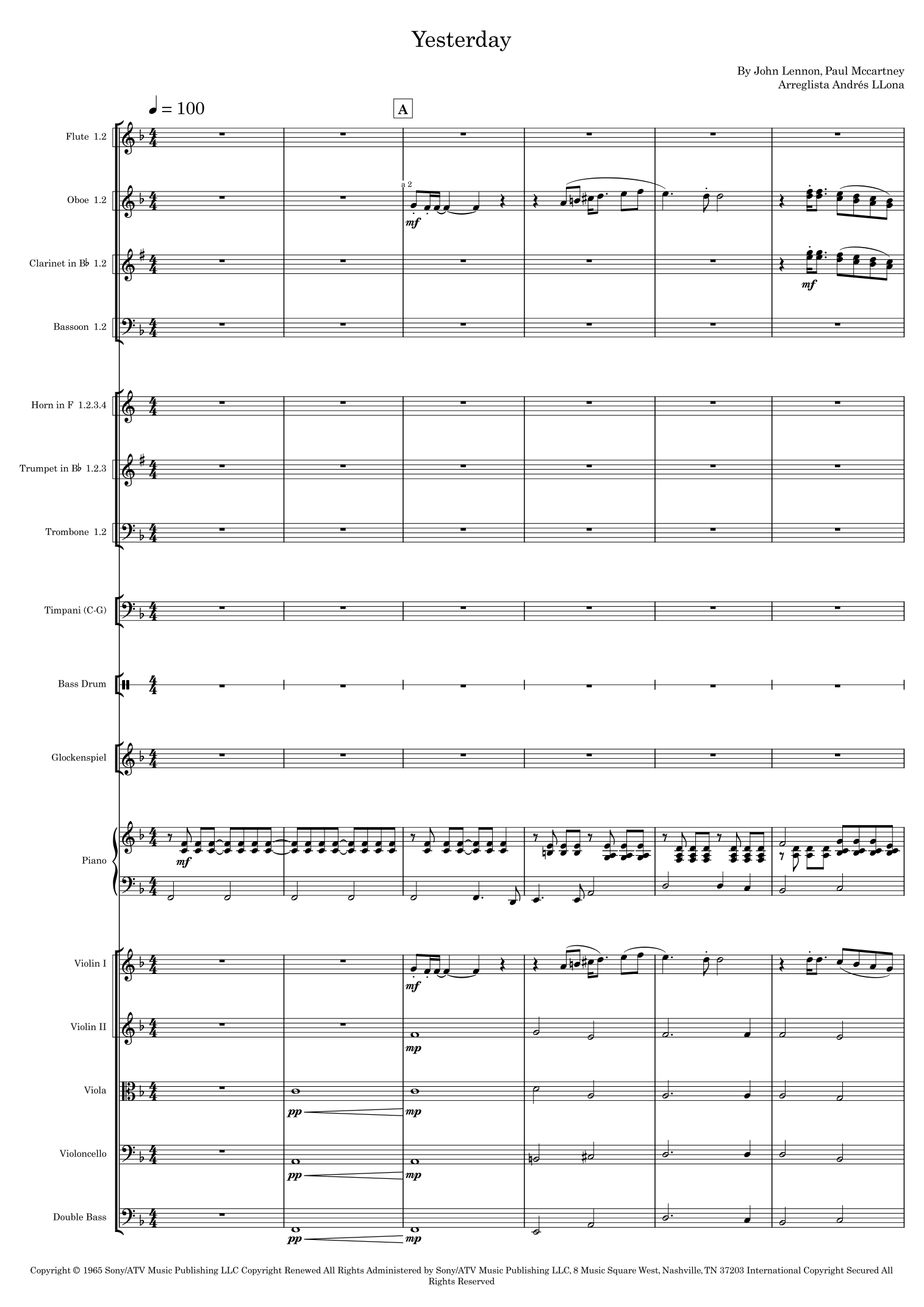 Yesterday (arr. Andrés LLona) by Adam Levine & Tony Lucca 管弦乐团全谱 - 预览