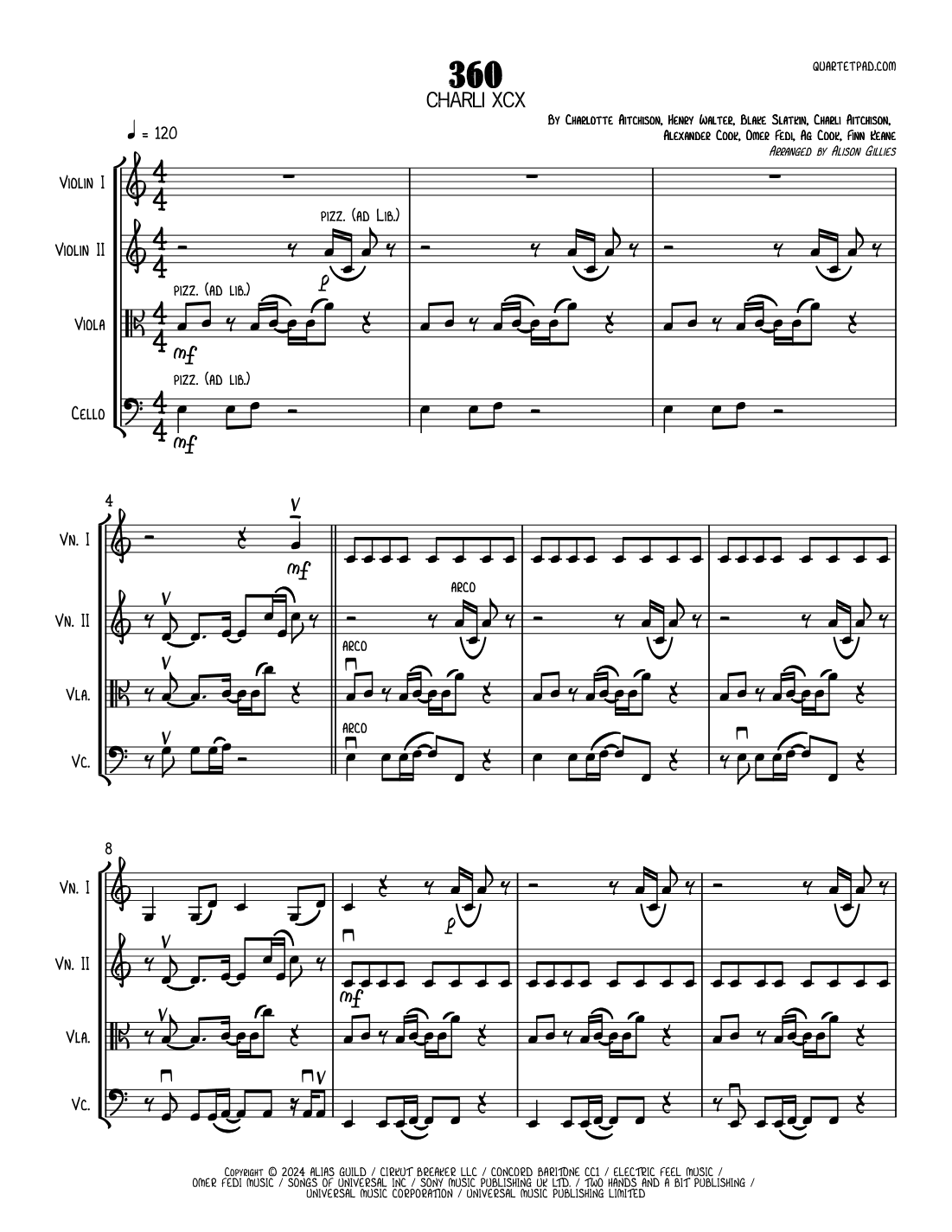 llica,MasterOfPuppets,bandscore楽譜 Master Of Puppets by Metallica Sheet Music for String Quartet (arr