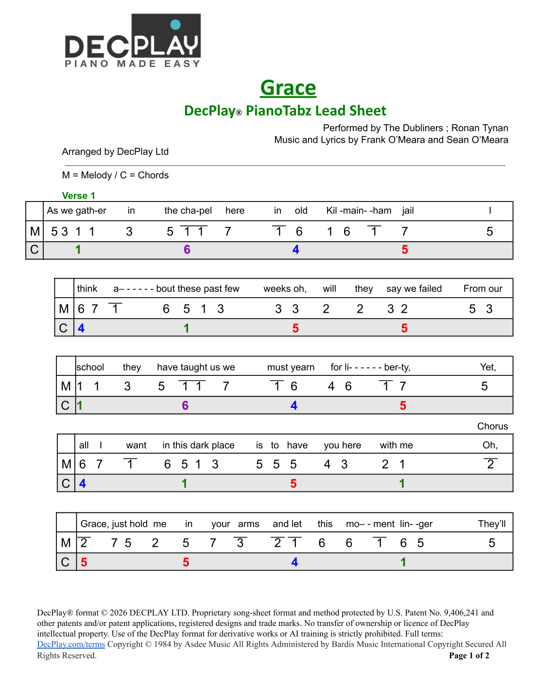 Grace by Ronan Tynan Sheet Music for DecPlay Piano (arr. DecPlay Ltd ...