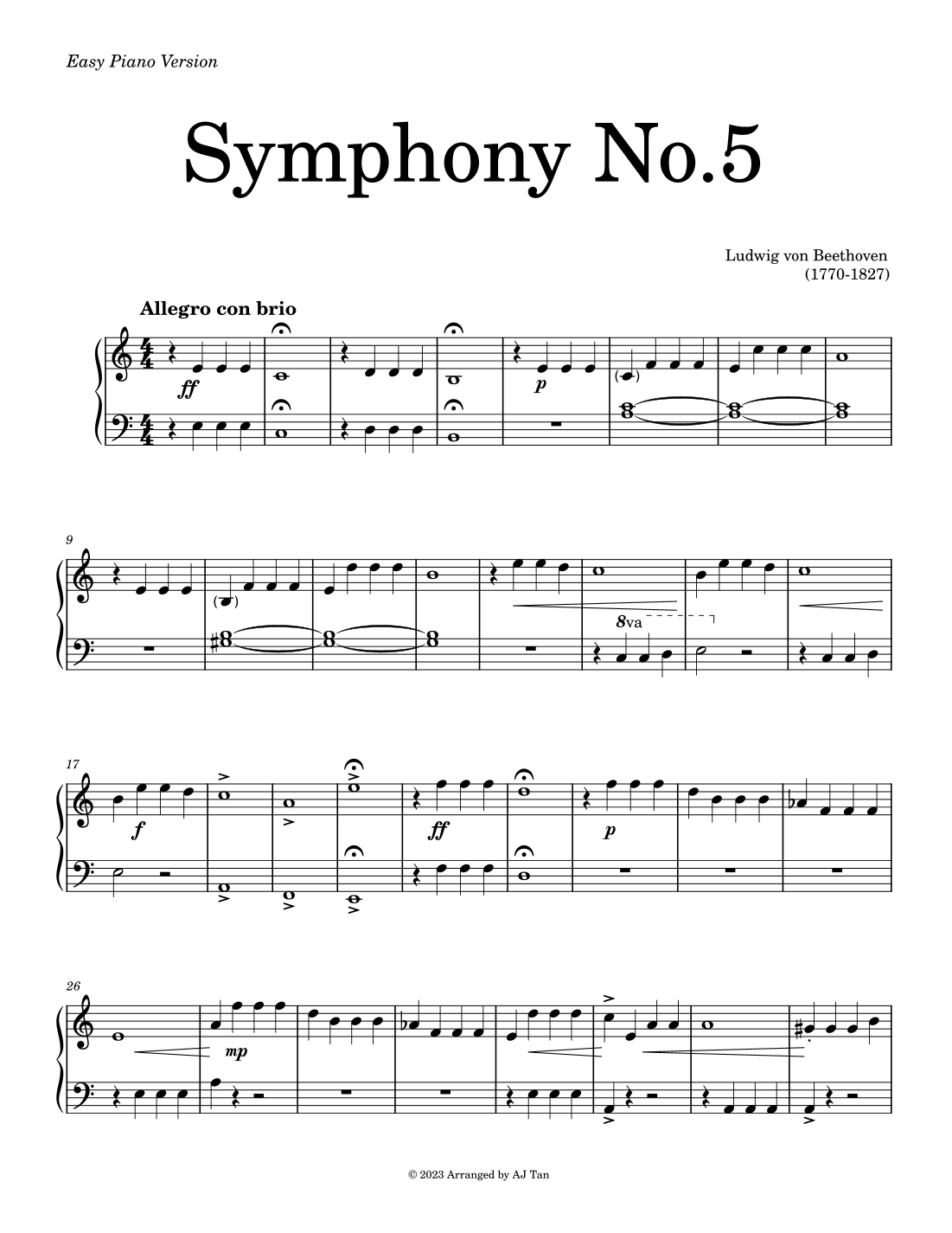 Symphony No.5 (Beethoven) - Easy Piano Version (arr. AJ Tan) by Ludwig ...
