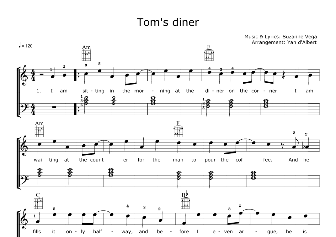 Tom's Diner (Arr. Yan d'Albert) Sheet Music Suzanne Vega Easy Piano