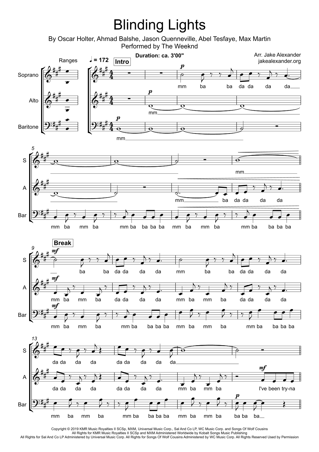 Blinding Lights by The Weeknd Sheet Music for SAB Choir (arr. Jake ...