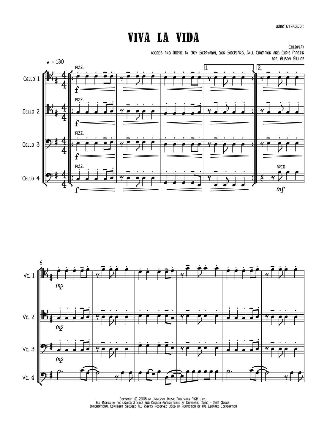 Viva La Vida by Coldplay Sheet Music for String Ensemble (arr. Alison ...