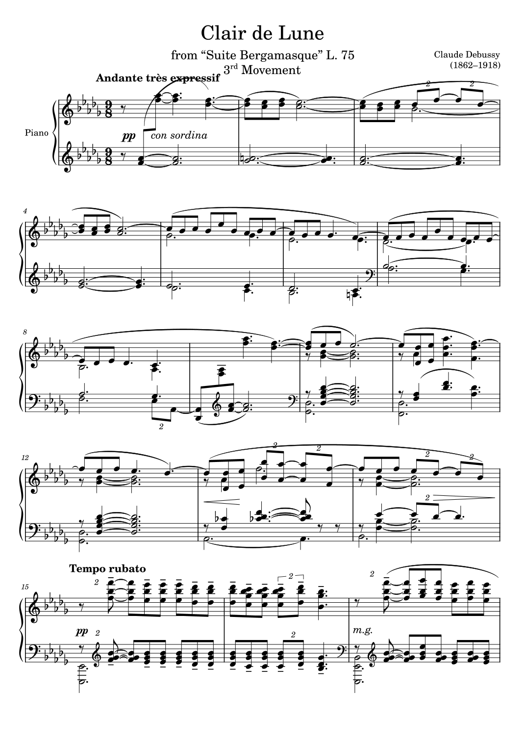 Claire de Lune (arr. Unknown) by Claude Debussy Sheet Music for Piano ...