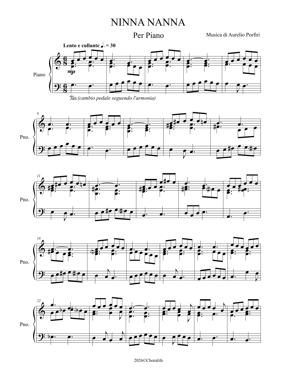 NINNA NANNA por Aurelio Porfiri Partituras para Piano solo en Sheet