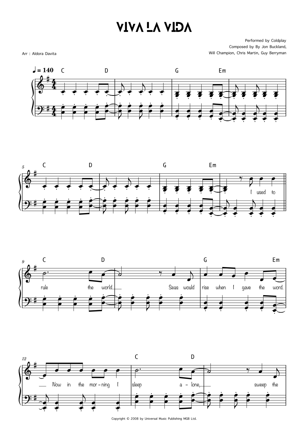 Viva La Vida by Coldplay Sheet Music for Easy Piano (arr. Aldora Davita ...