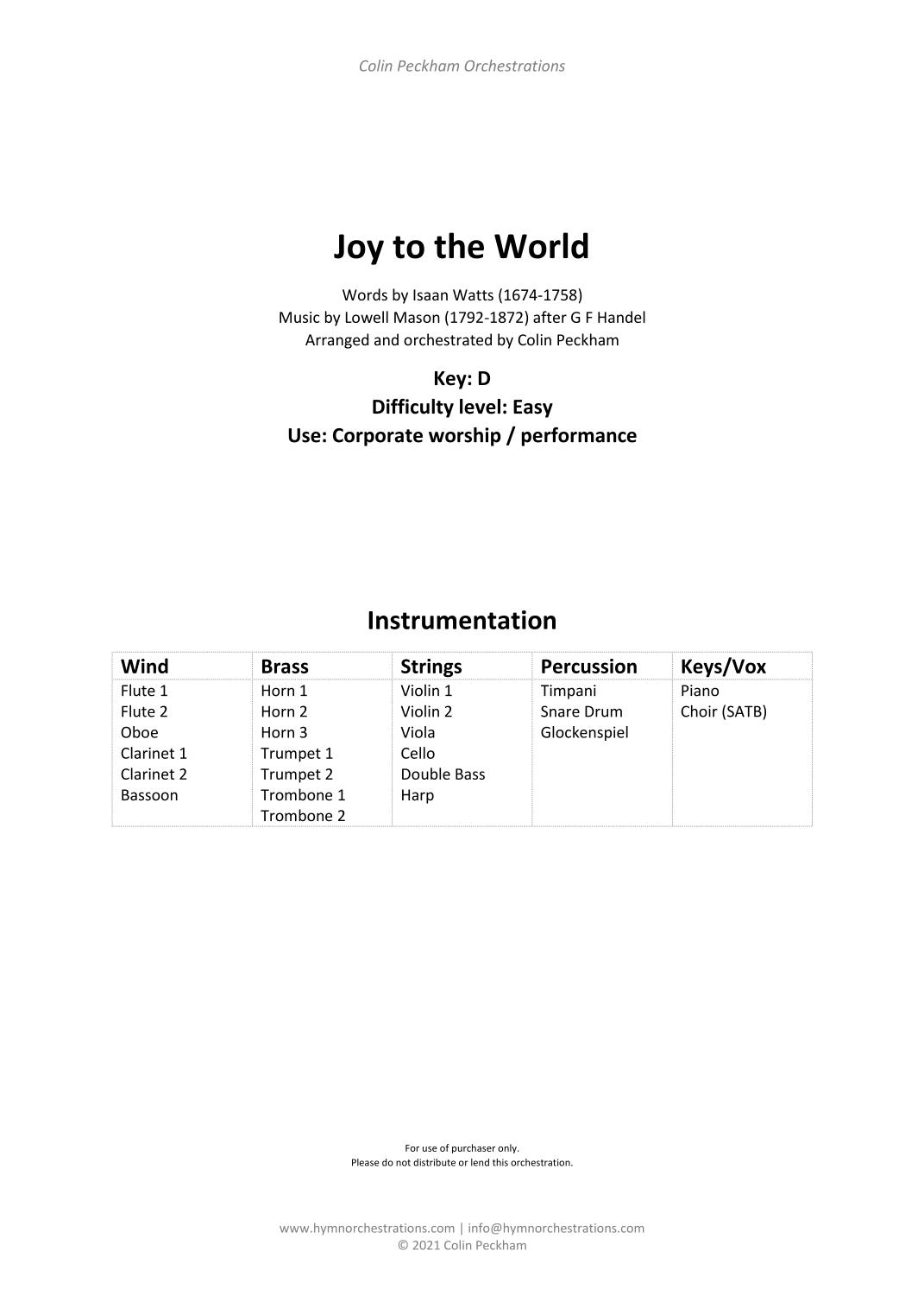 Joy to the World the Lord is Come (arr. Colin Peckham) by George Frideric Handel Full Orchestra