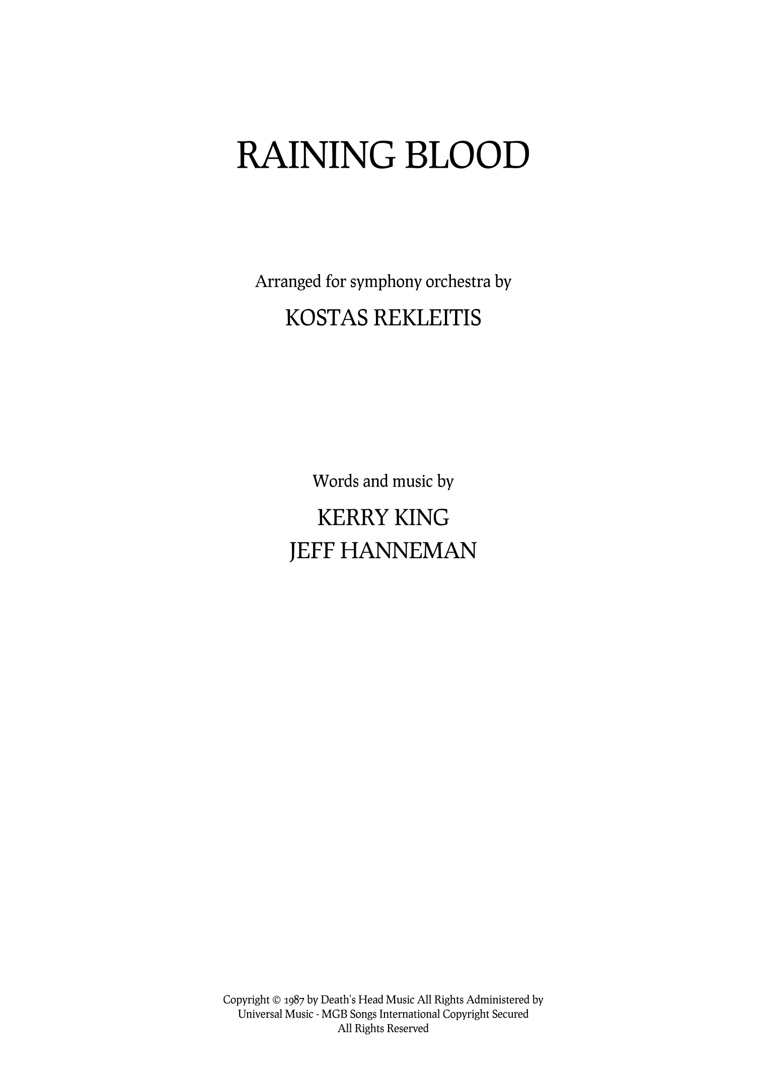 Raining Blood - Score Only (arr. Kostas Rekleitis) by Slayer Full Orchestra