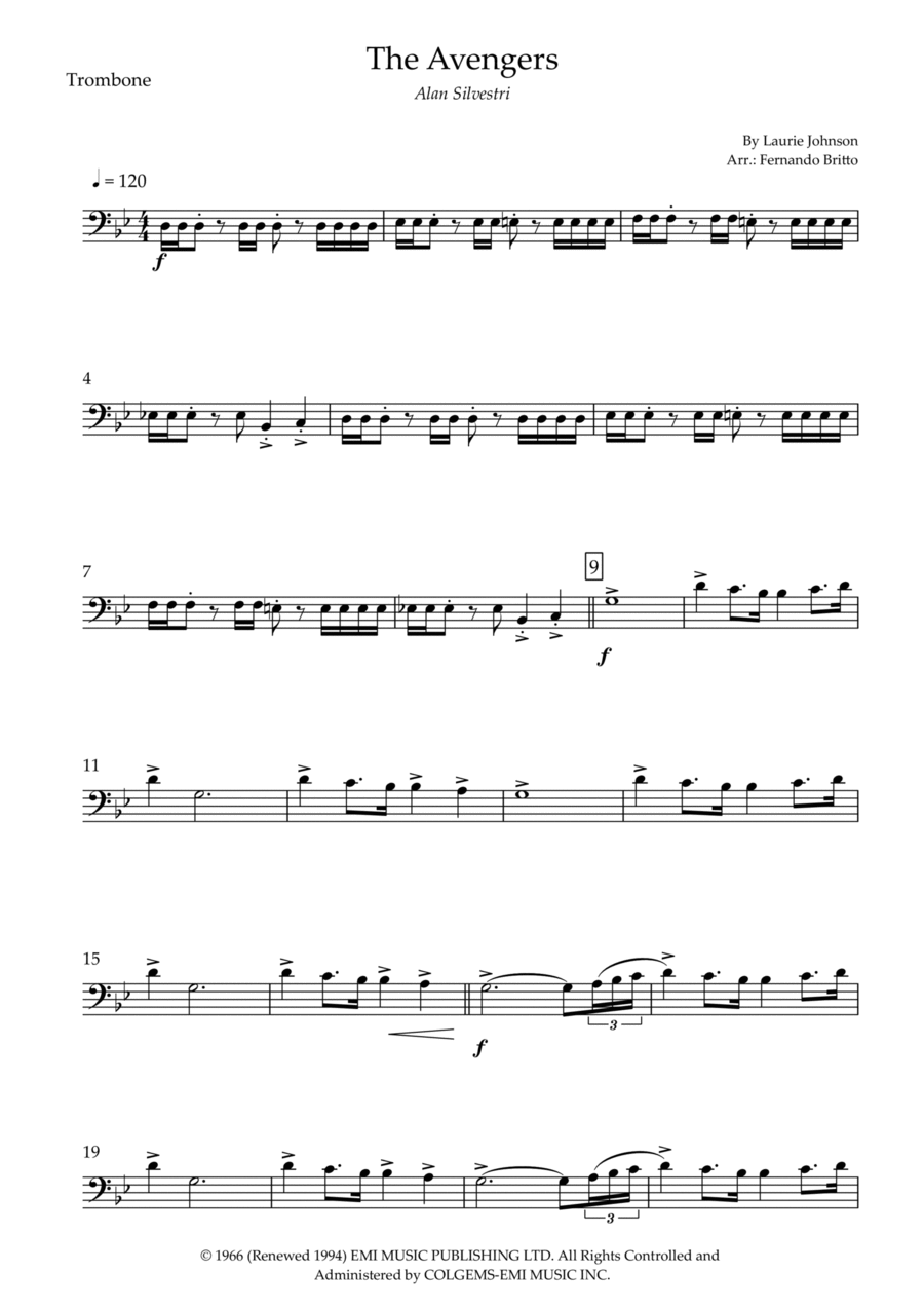 The Avengers Theme Sheet Music Laurie Johnson Trombone Solo