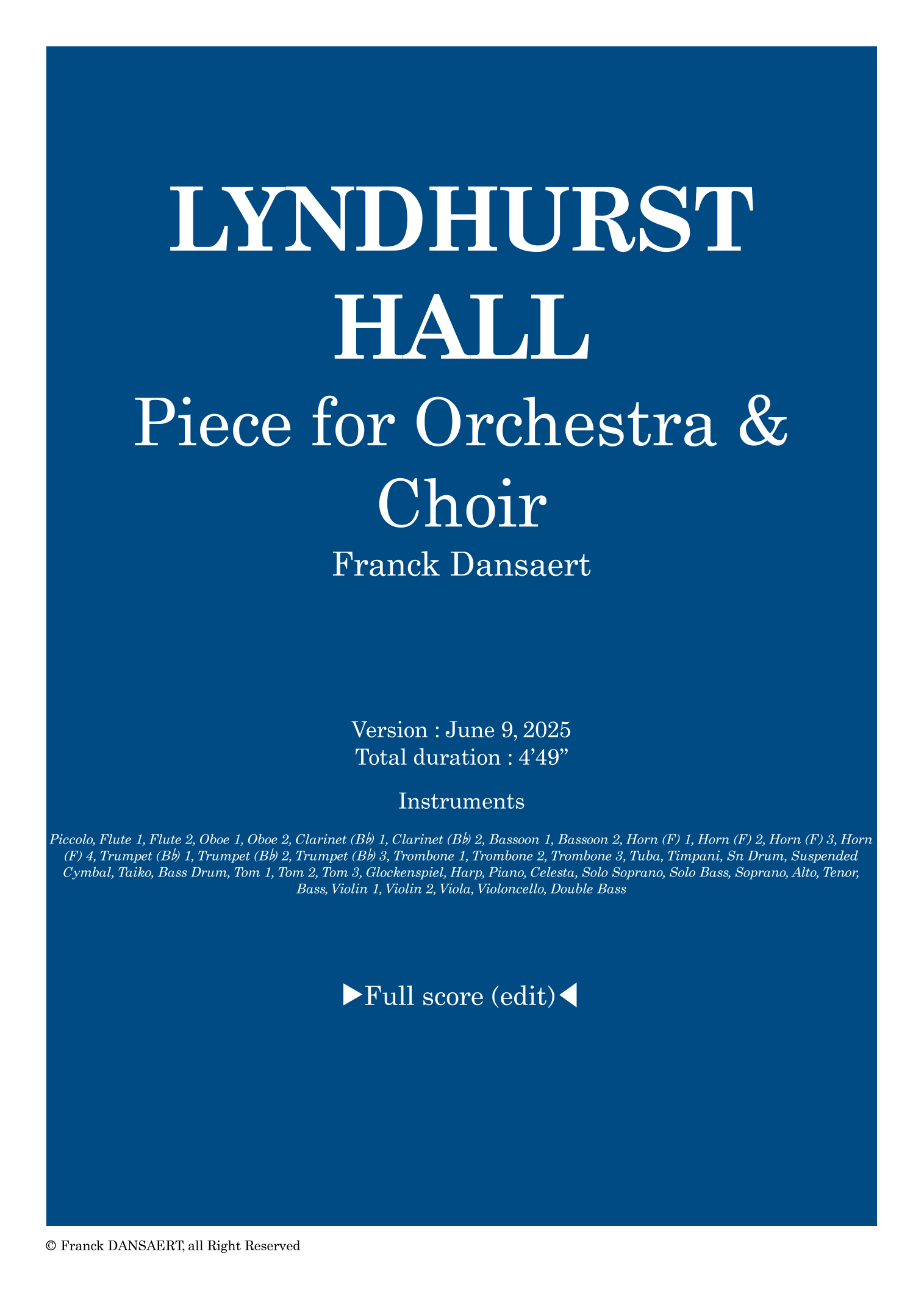 Lyndhurst Hall - Score Only by Franck Dansaert Full Orchestra