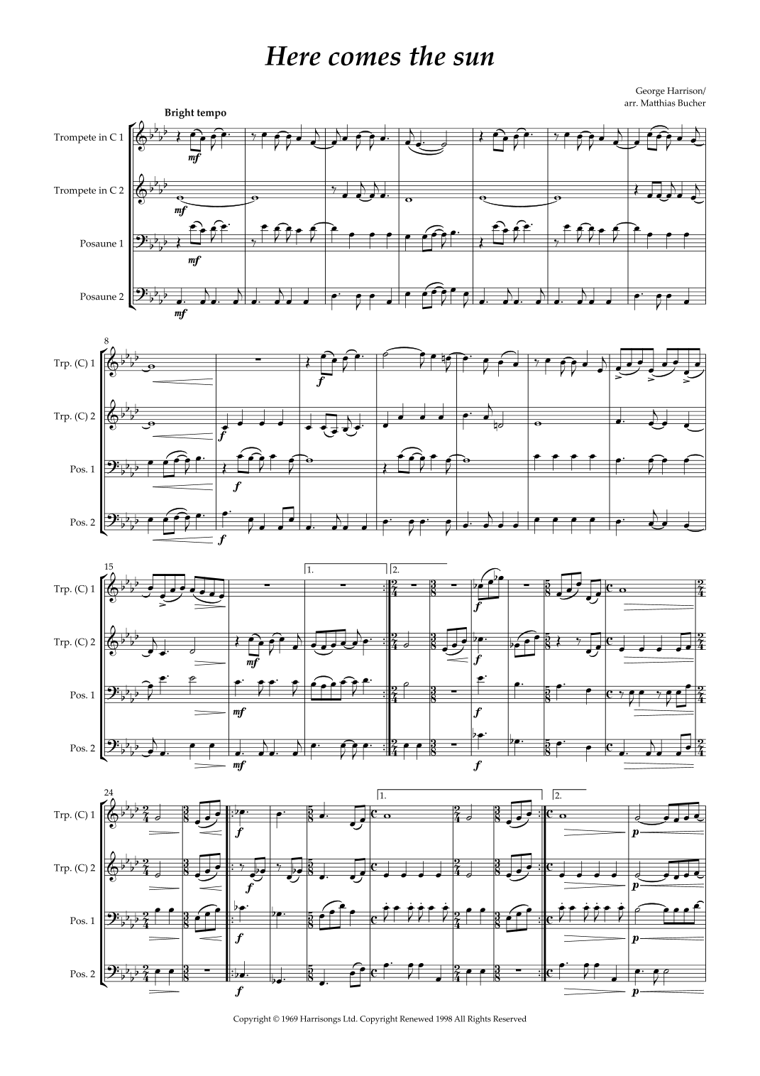 Here Comes The Sun by The Beatles Sheet Music for Brass Ensemble