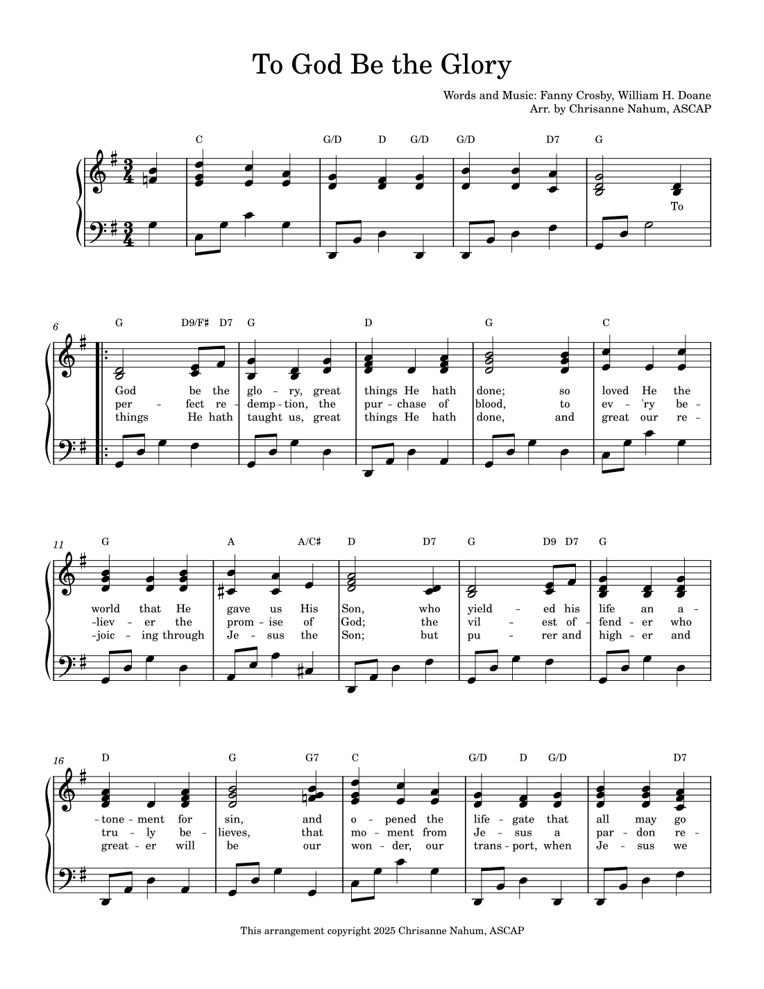 To God Be the Glory (arr. Chrisanne Nahum, ASCAP) by Fanny Crosby Sheet ...
