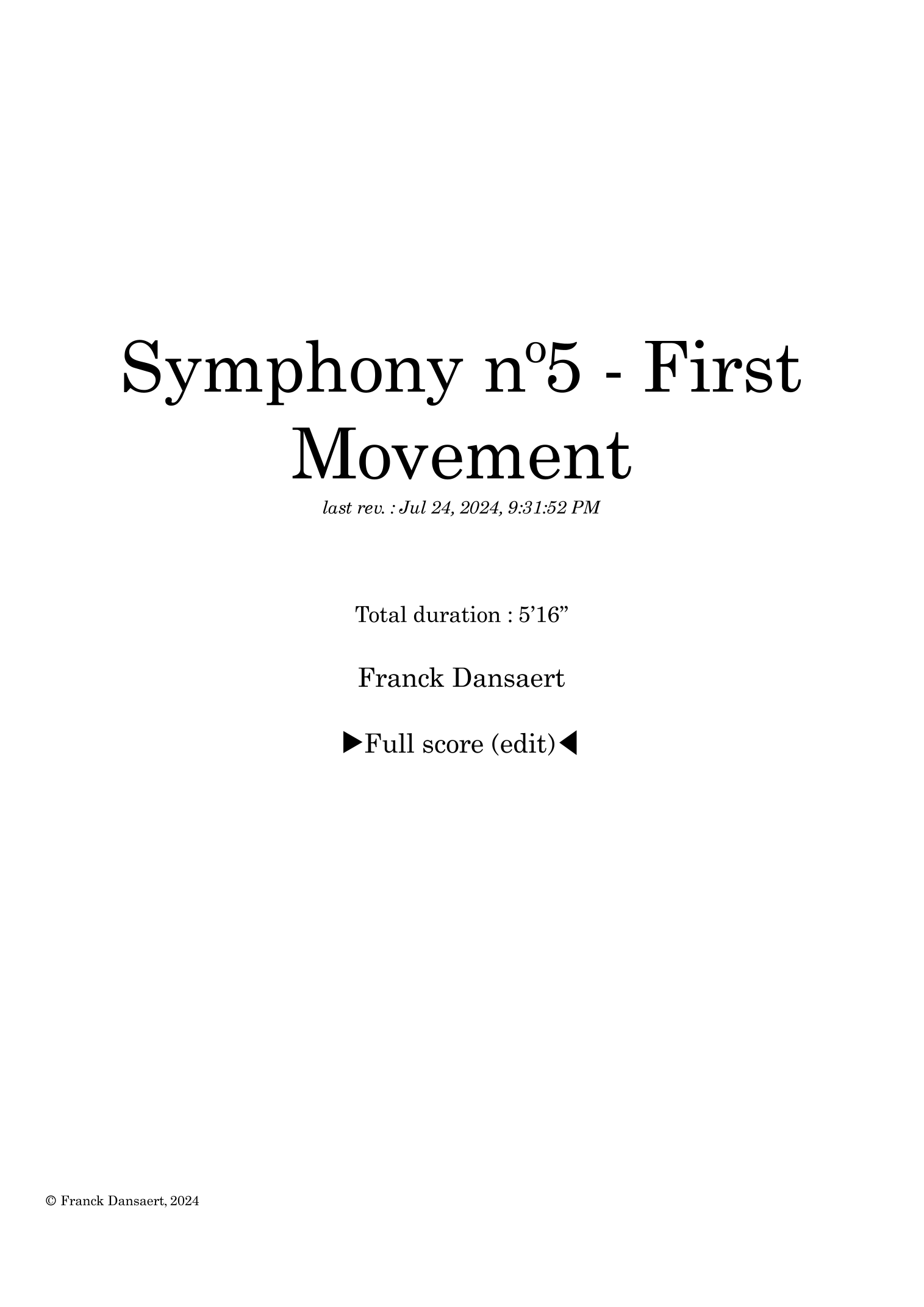 【弗兰克·丹萨特《第五交响曲（第一乐章）》管弦乐总谱】Symphony nº5 (first movement) - Score Only by Franck Dansaert Full Orchestra PDF乐谱下载