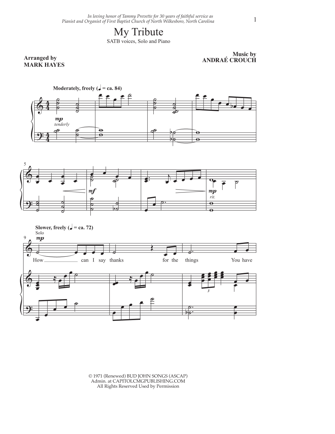 My Tribute (arr. Mark Hayes) by Andrae Crouch Sheet Music for SATB ...