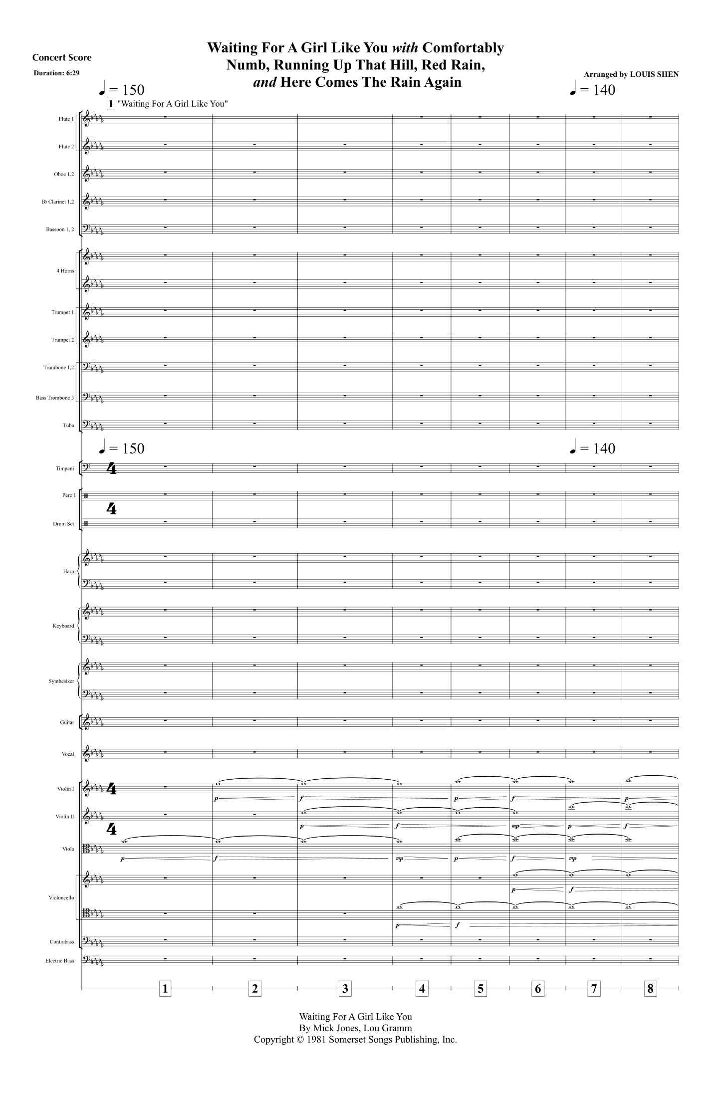 Medley: Waiting For A Girl Like You with Comfortably Numb, Running Up That Hill, Red... - Score Only (arr. Louis Shen) by Louis Shen Full Orchestra