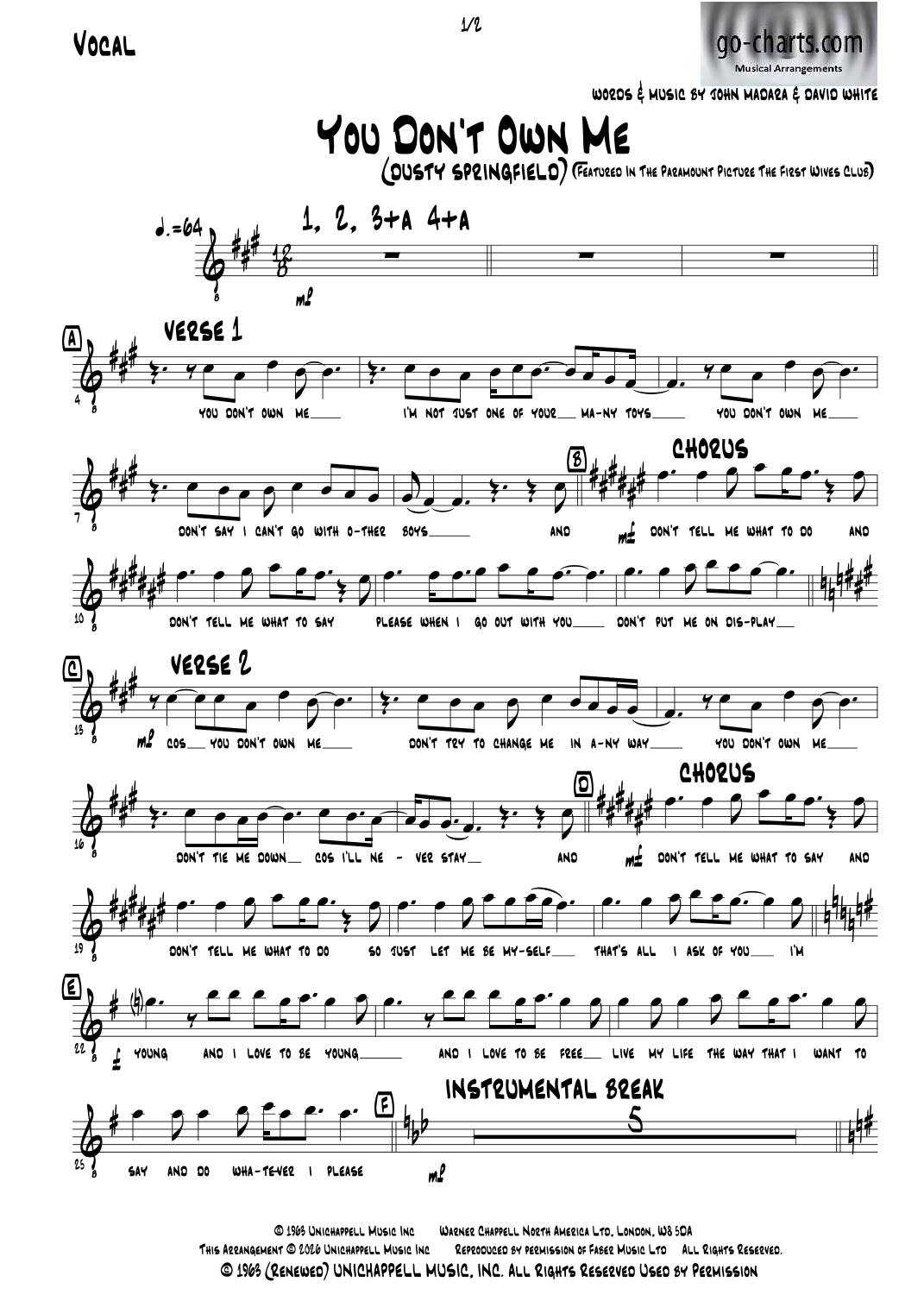 You Don't Own Me (arr. Andy Davidson go-charts.com) by Lesley Gore Full Orchestra