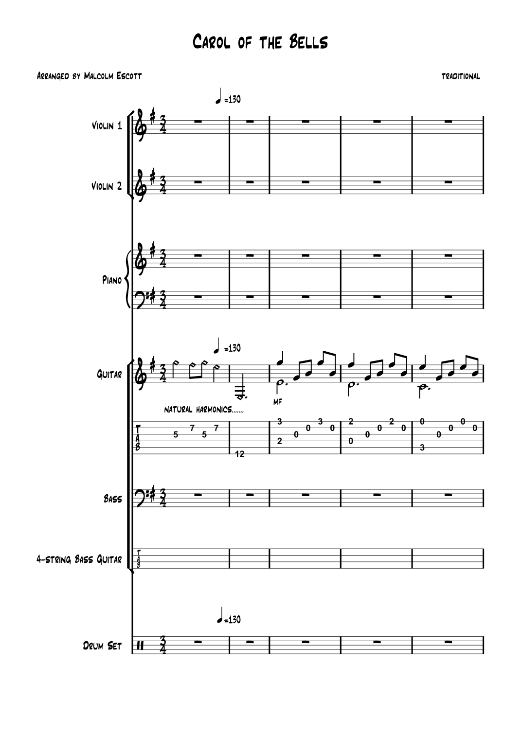 Carol of the Bells (arr. Malcolm Escott) by School Ensemble Sheet Music ...