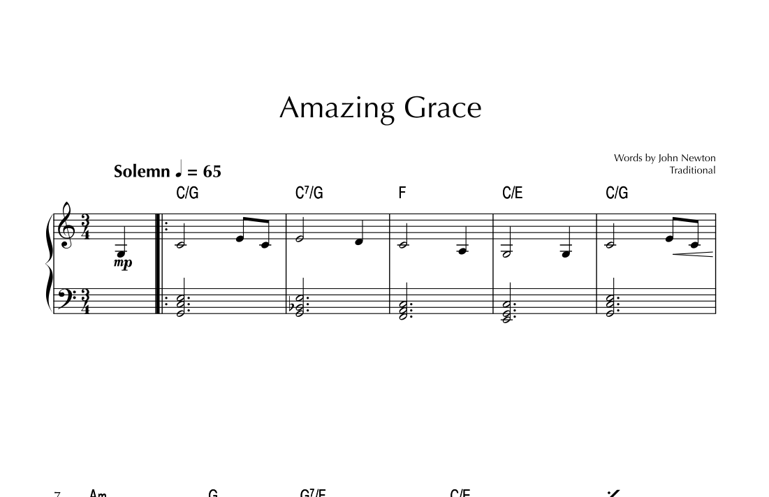 Amazing Grace In C Major Easy Piano With Chord Symbols arr 