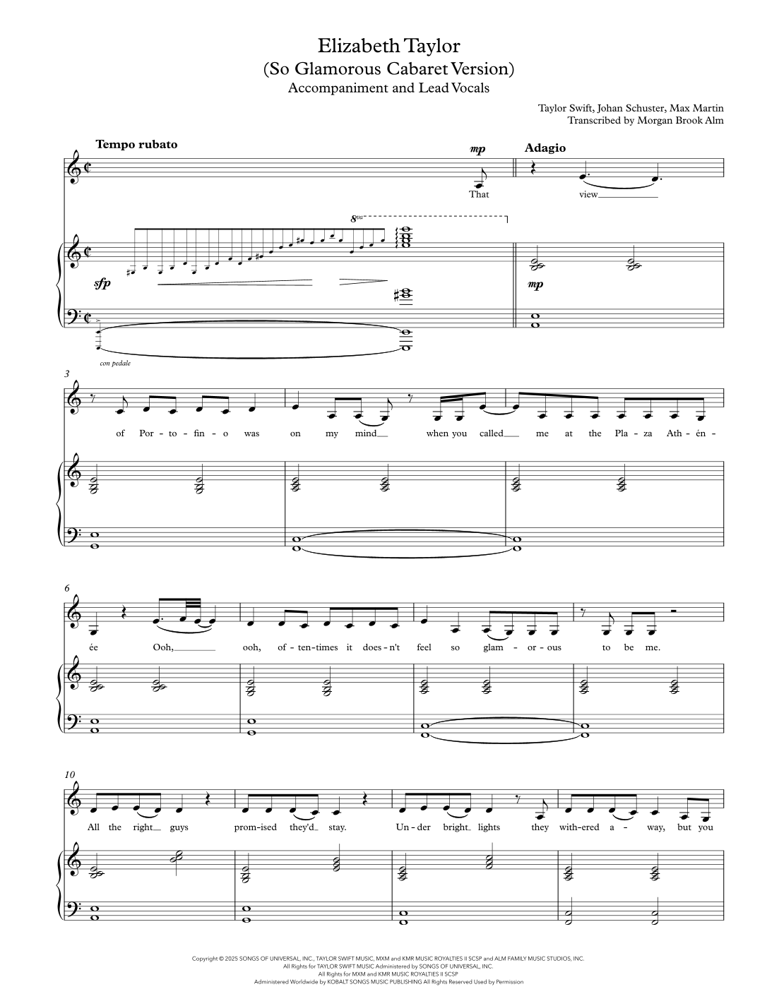 Elizabeth Taylor by Taylor Swift Sheet Music for Piano & Vocal