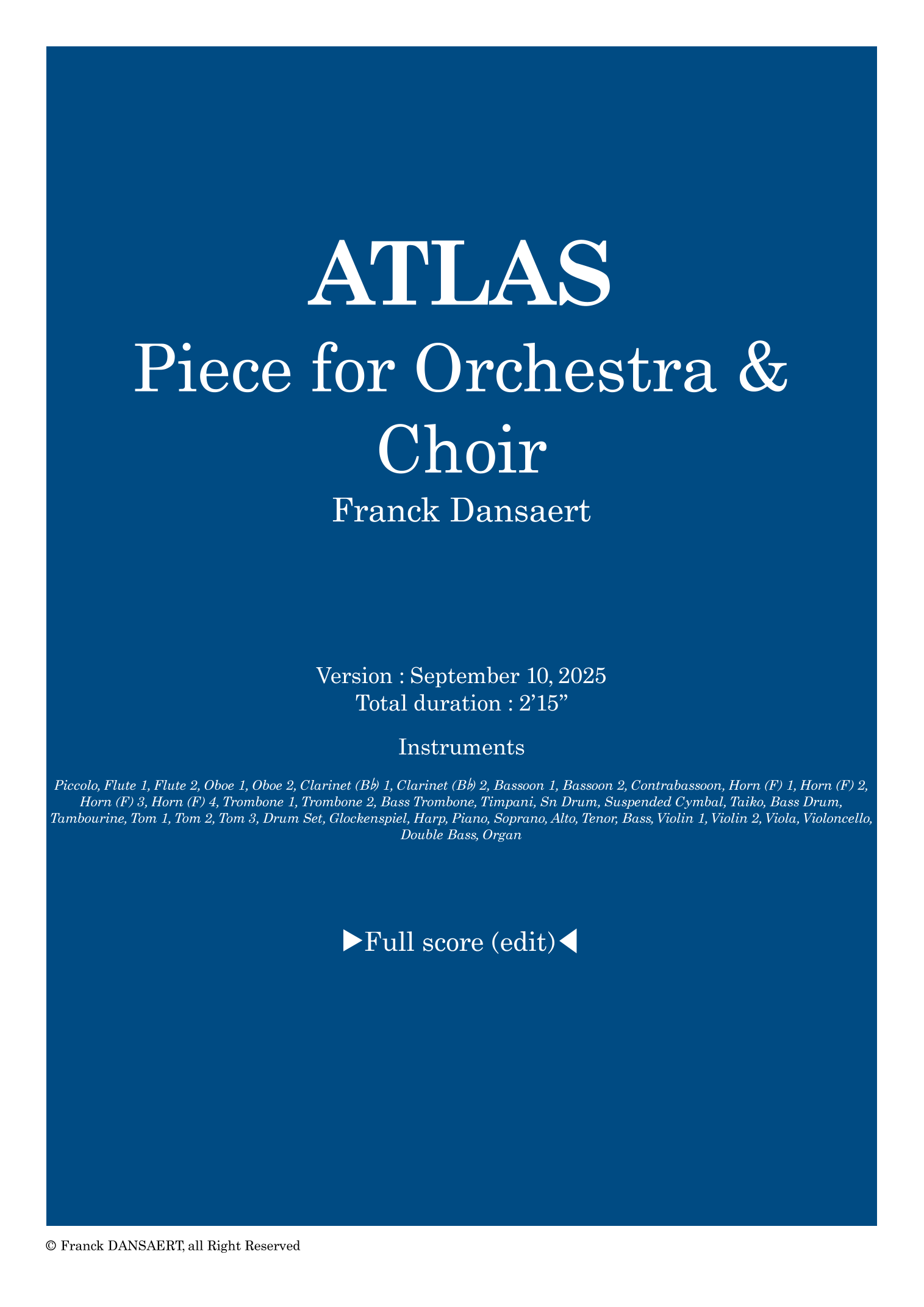 【弗兰克·丹萨特《阿特拉斯》管弦乐总谱】Atlas - Score Only by Franck Dansaert Full Orchestra PDF乐谱下载