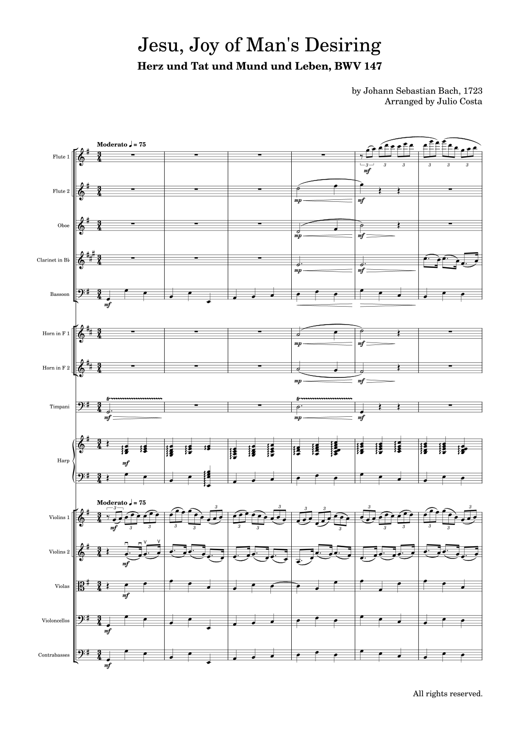 【巴赫《耶稣，人类渴望的喜悦》管弦乐总谱（胡里奥·科斯塔改编）】Bach - Jesu, joy of man's desiring, BWV 147 for Orchestra (arr. Julio Costa) by Johann Sebastian Bach Full Orchestra PDF乐谱下载