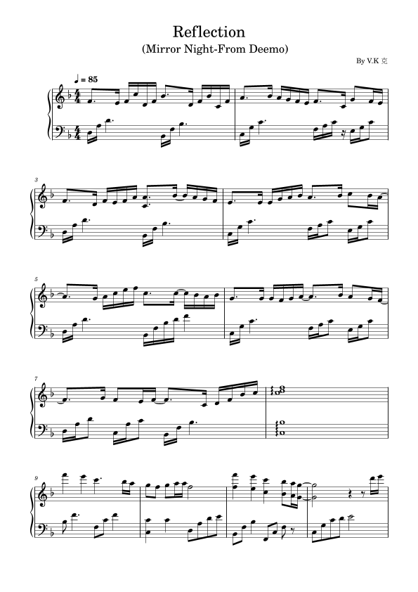 Reflection Mirror Night,From Deemo,For Piano Solo Sheet Music V.K