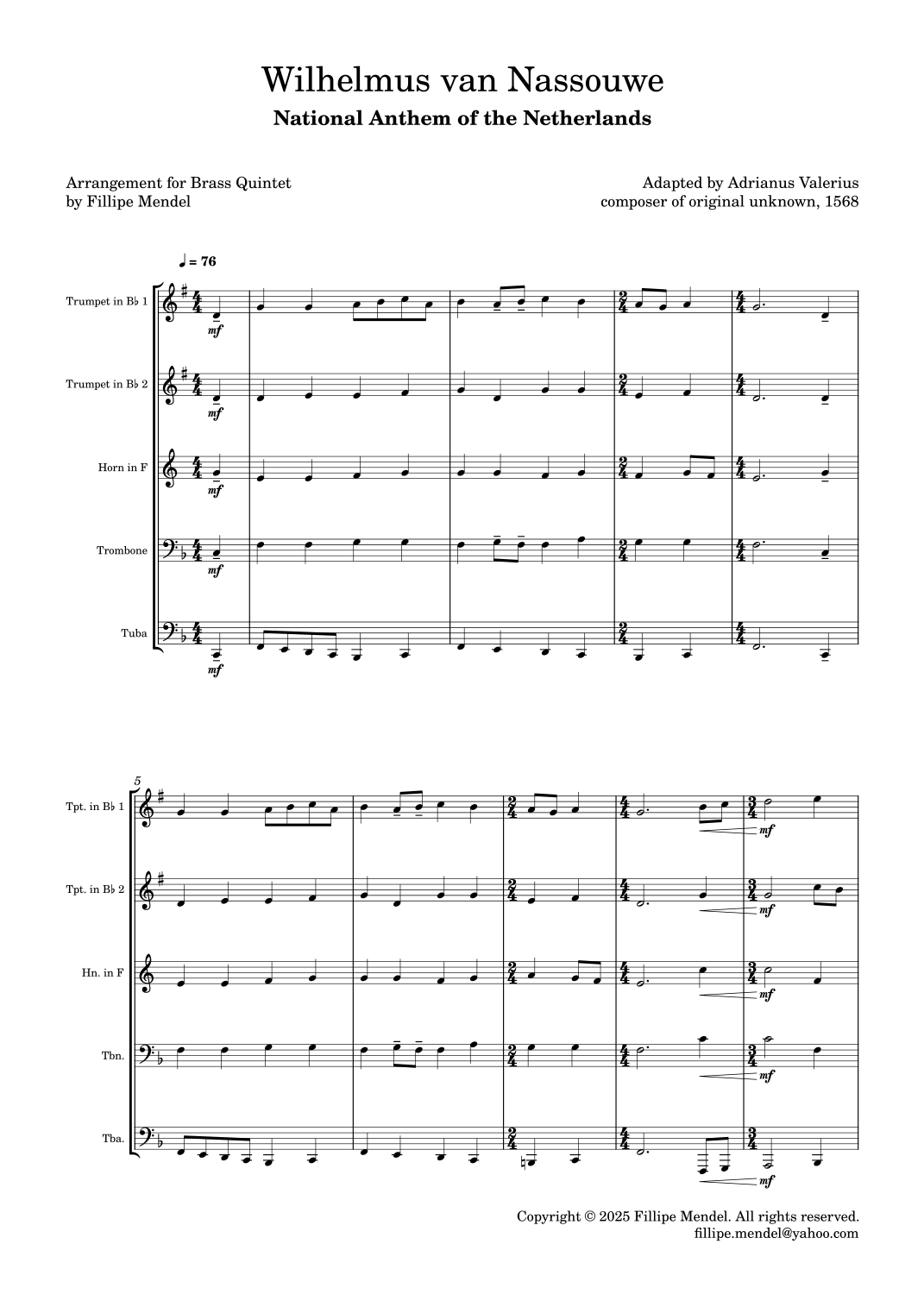 Interactive Digital Sheet Music preview of 'Netherlands National Anthem: Wilhelmus van Nassouwe (arr. Fillipe Mendel)' by Traditional, Brass Ensemble page 1