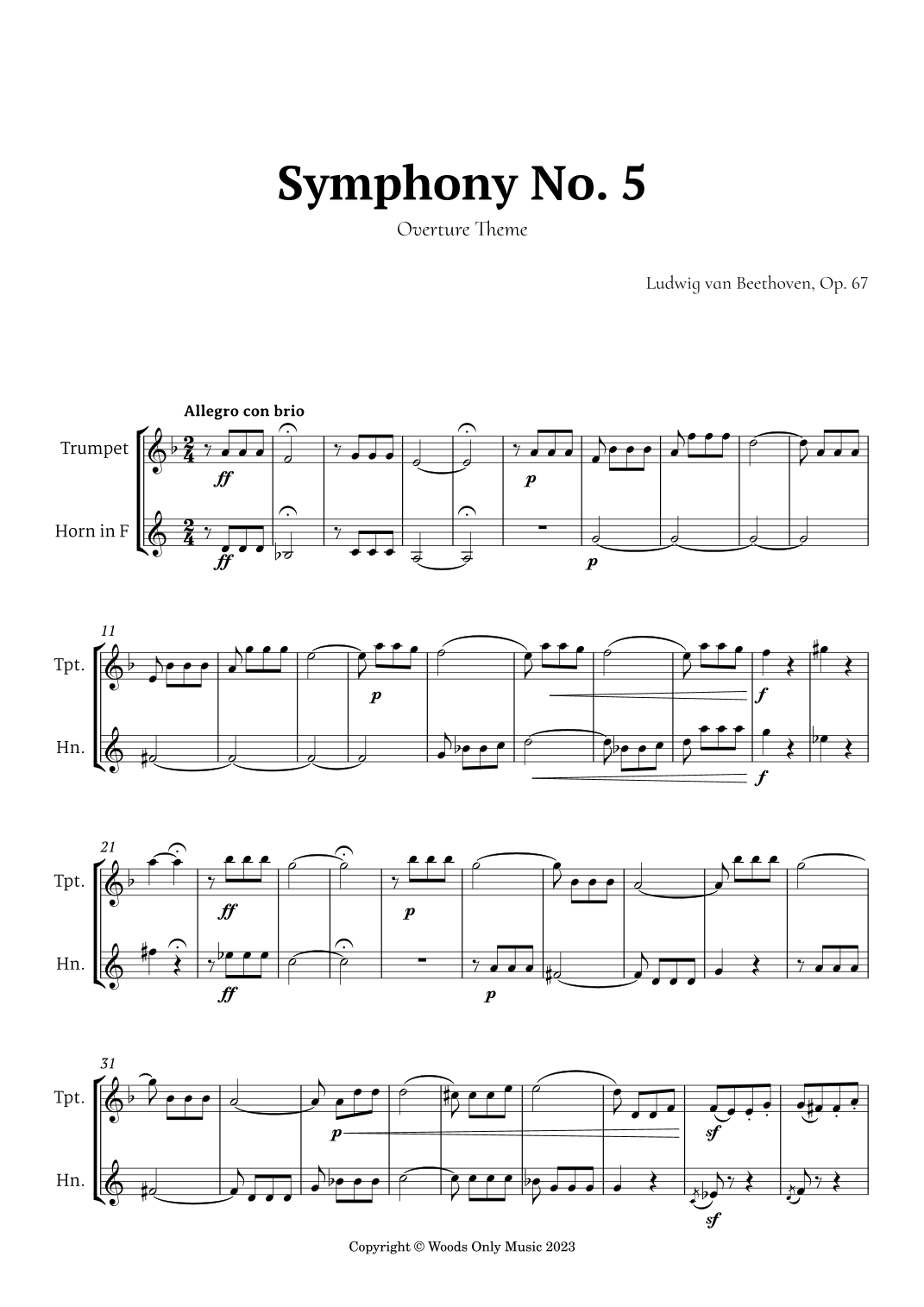 Symphony No. 5 by Beethoven for Trumpet and French Horn Duet (arr
