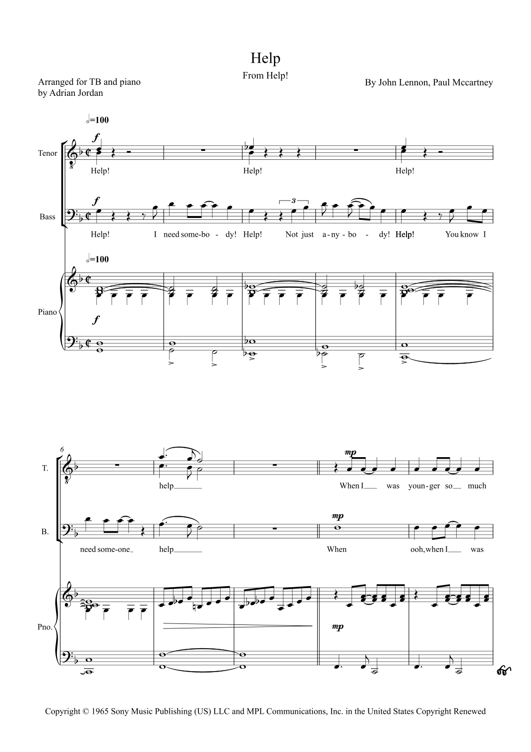 Help! (arr. Adrian Jordan) by The Beatles Sheet Music for TB Choir at ...