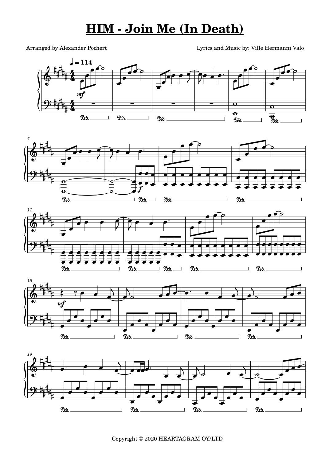 Join Me In Death arr Alexander Pochert By HIM Sheet Music For Piano 