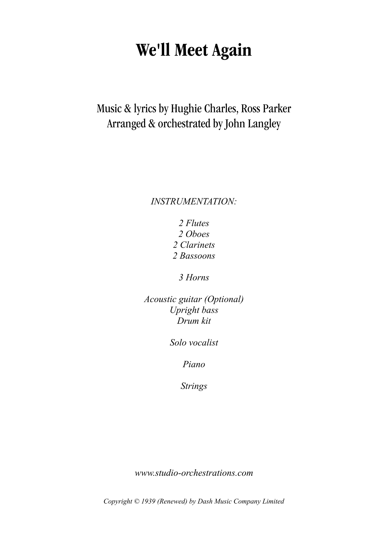 We'll Meet Again (arr. John Langley / Studio Orchestrations) by Hughie Charles Full Orchestra