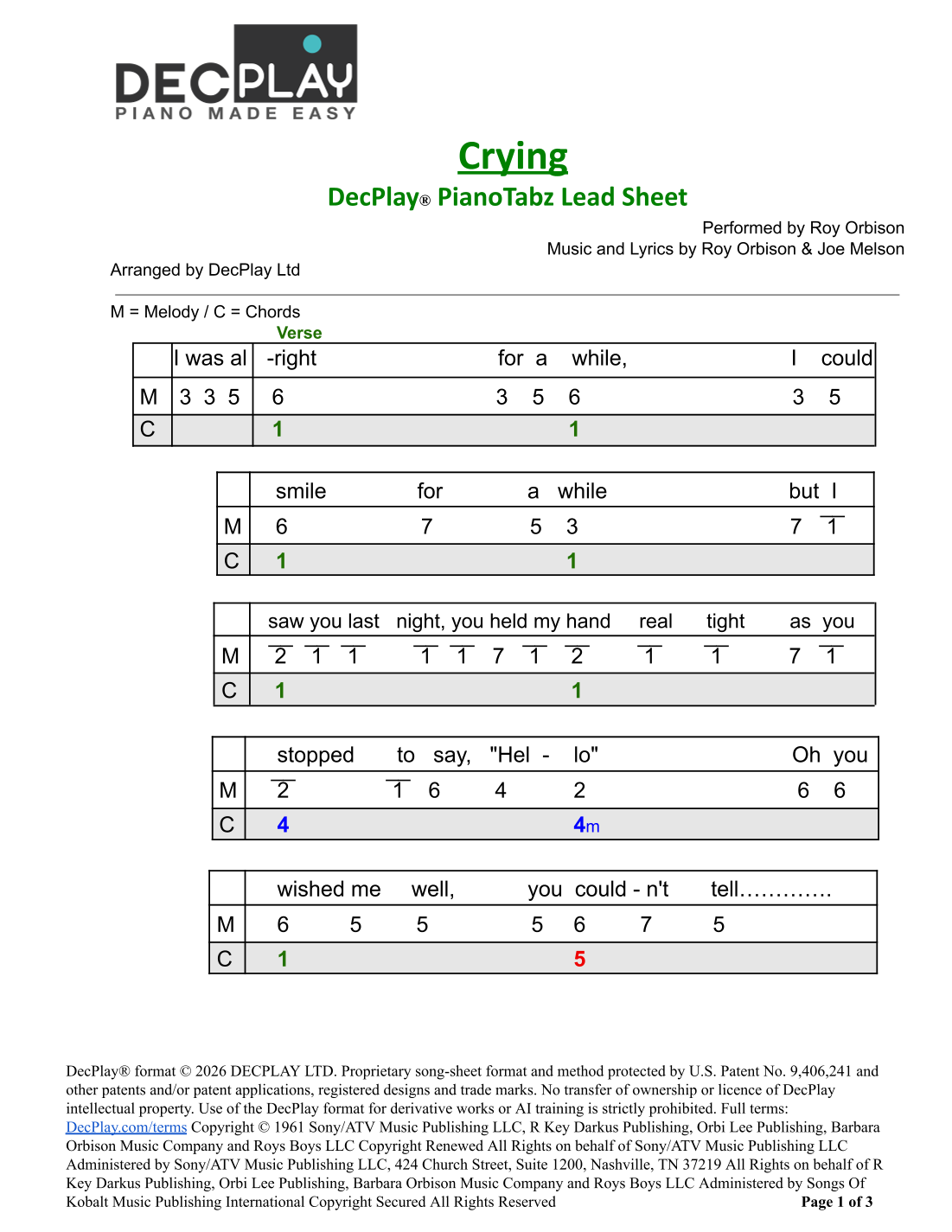 Crying (arr. DecPlay Ltd) by Don McLean Sheet Music for DecPlay Piano ...