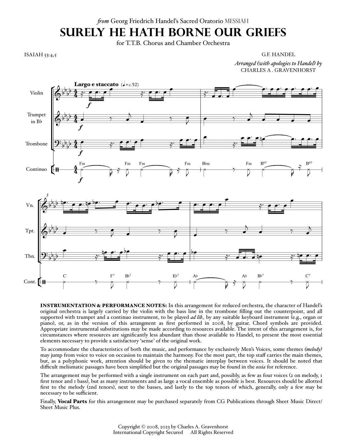 Surely He Hath Borne Our Griefs (from “MESSIAH”) for Men’s Chorus (TTB) – FULL SCORE (arr. Charles A. Gravenhorst) by G.F. Handel Chamber Orchestra