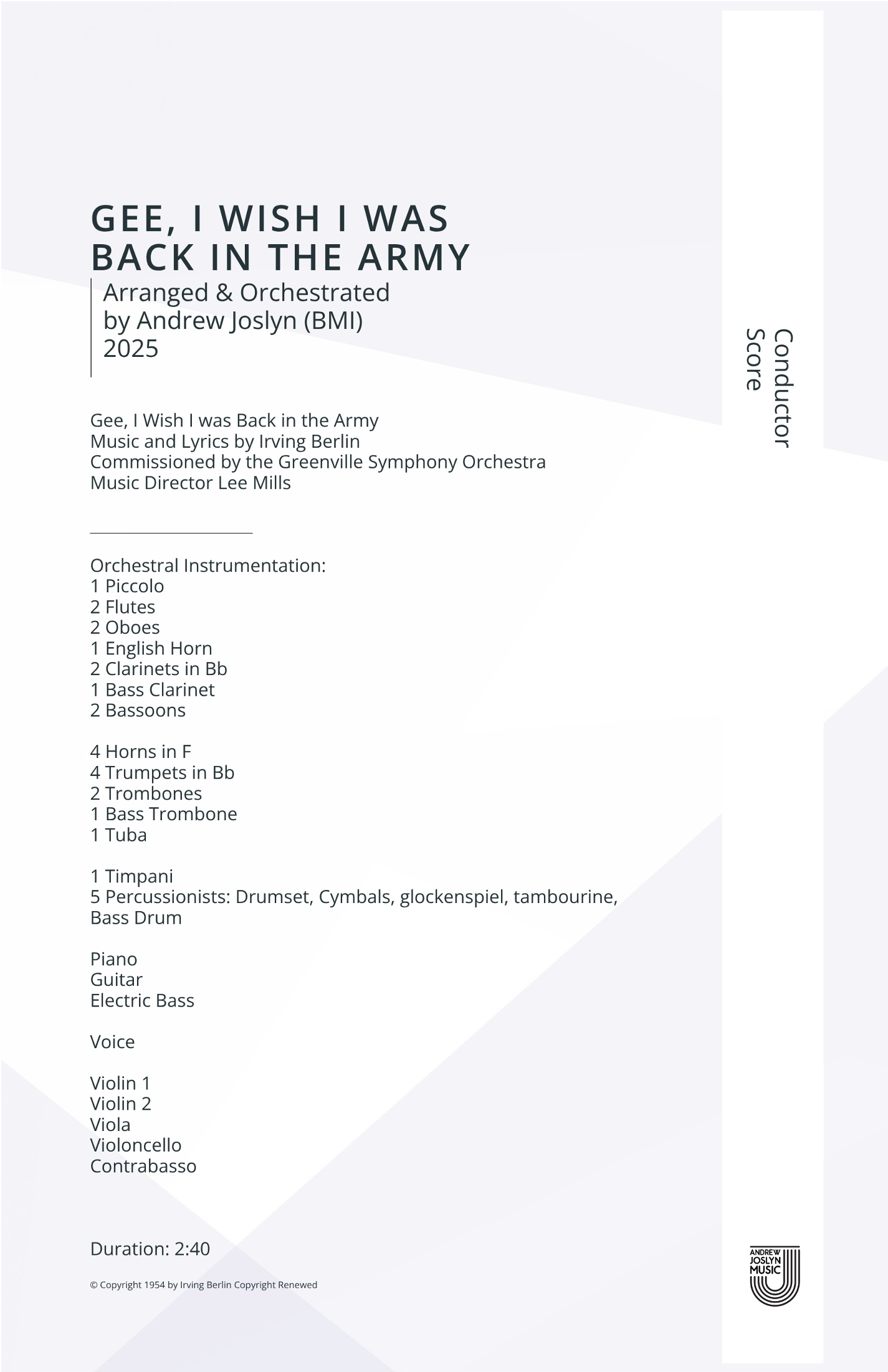 Gee, I Wish I Was Back In The Army (arr. Andrew Joslyn) by Irving Berlin Full Orchestra